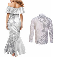 Lotu Tamaiti White Sunday Couples Matching Mermaid Dress and Long Sleeve Button Shirt Pacific Plumeria Flowers - White Version