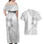 Lotu Tamaiti White Sunday Couples Matching Off Shoulder Maxi Dress and Hawaiian Shirt Pacific Plumeria Flowers - White Version