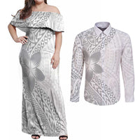 Lotu Tamaiti White Sunday Couples Matching Off Shoulder Maxi Dress and Long Sleeve Button Shirt Pacific Plumeria Flowers - White Version