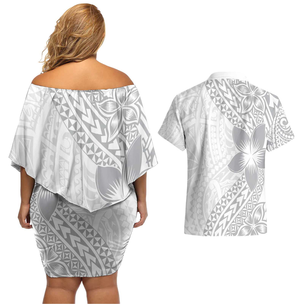 Lotu Tamaiti White Sunday Couples Matching Off Shoulder Short Dress and Hawaiian Shirt Pacific Plumeria Flowers - White Version