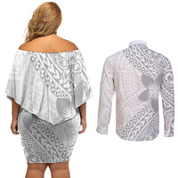Lotu Tamaiti White Sunday Couples Matching Off Shoulder Short Dress and Long Sleeve Button Shirt Pacific Plumeria Flowers - White Version