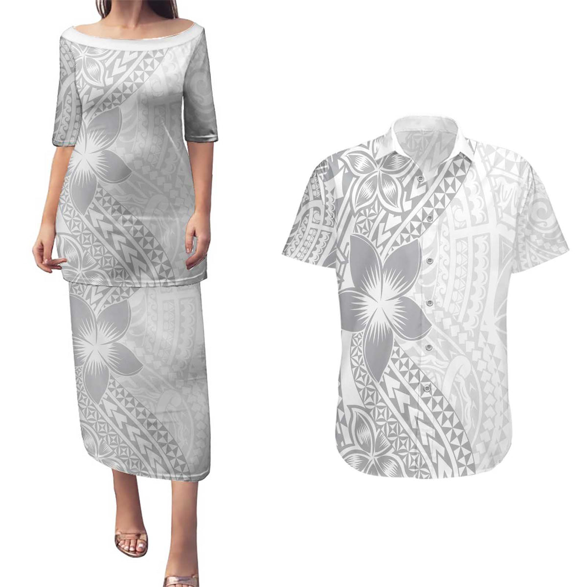 Lotu Tamaiti White Sunday Couples Matching Puletasi and Hawaiian Shirt Pacific Plumeria Flowers - White Version
