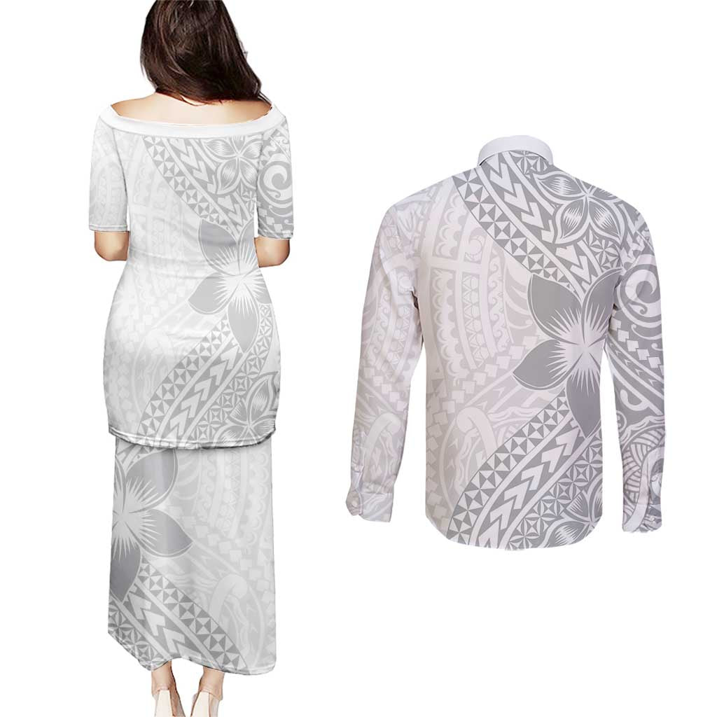 Lotu Tamaiti White Sunday Couples Matching Puletasi and Long Sleeve Button Shirt Pacific Plumeria Flowers - White Version