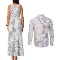 Lotu Tamaiti White Sunday Couples Matching Tank Maxi Dress and Long Sleeve Button Shirt Pacific Plumeria Flowers - White Version