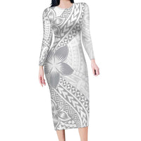 Lotu Tamaiti White Sunday Family Matching Long Sleeve Bodycon Dress and Hawaiian Shirt Pacific Plumeria Flowers - White Version LT9 Mom's Dress White - Polynesian Pride