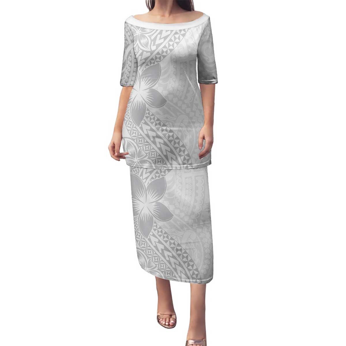 Lotu Tamaiti White Sunday Family Matching Puletasi and Hawaiian Shirt Pacific Plumeria Flowers - White Version LT9 Mom's Dress White - Polynesian Pride