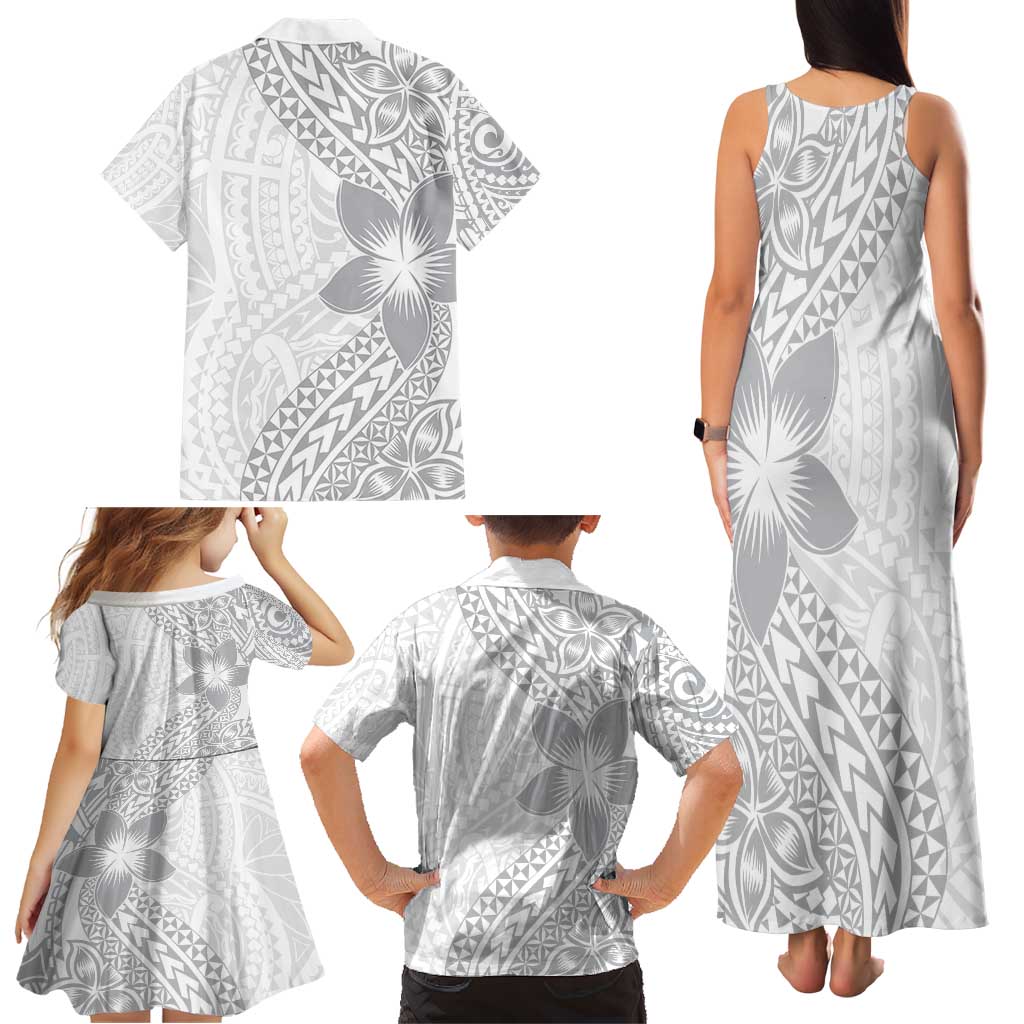Lotu Tamaiti White Sunday Family Matching Tank Maxi Dress and Hawaiian Shirt Pacific Plumeria Flowers - White Version