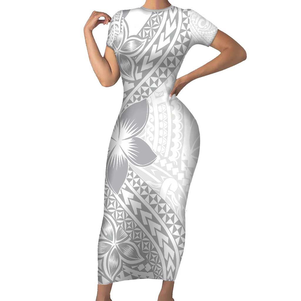 Lotu Tamaiti White Sunday Short Sleeve Bodycon Dress Pacific Plumeria Flowers - White Version LT9