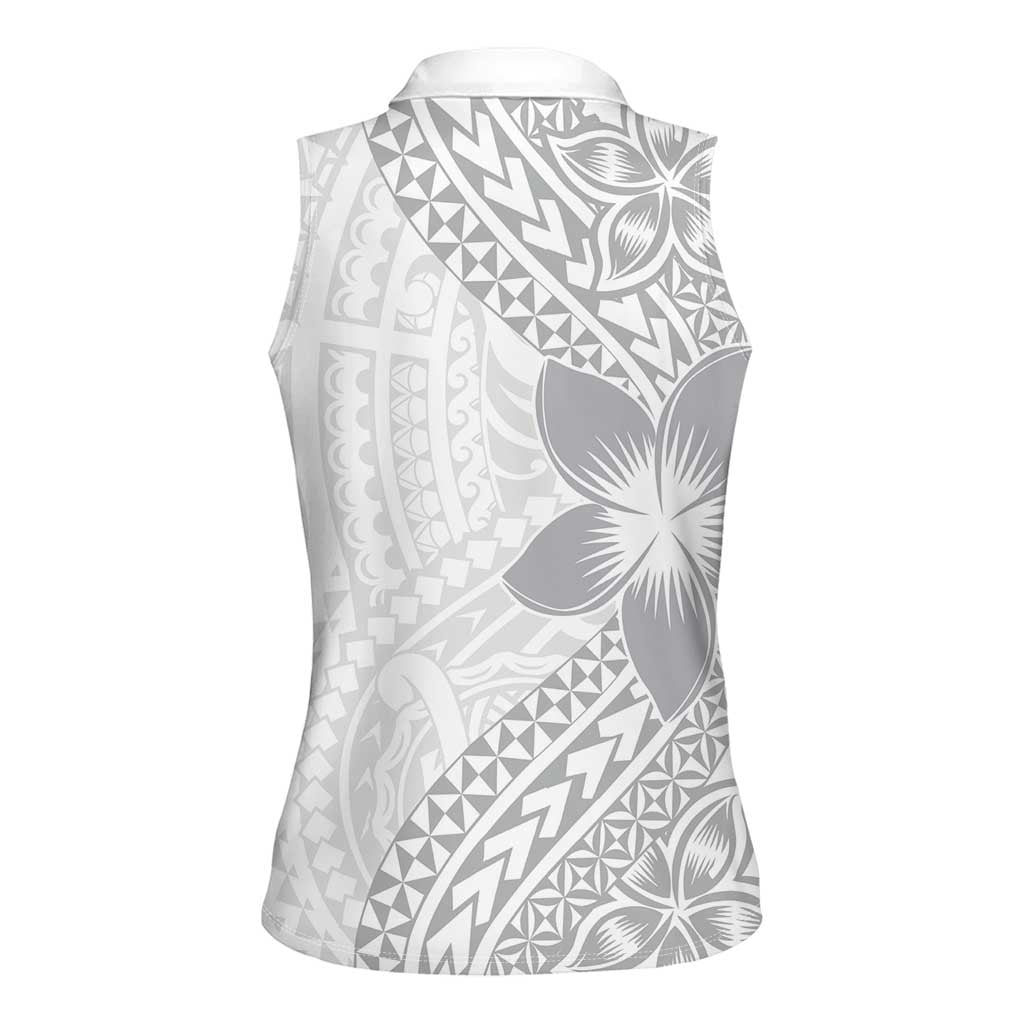 Lotu Tamaiti White Sunday Women Sleeveless Polo Shirt Pacific Plumeria Flowers - White Version