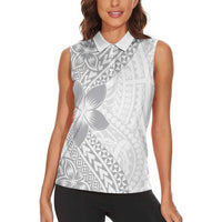 Lotu Tamaiti White Sunday Women Sleeveless Polo Shirt Pacific Plumeria Flowers - White Version