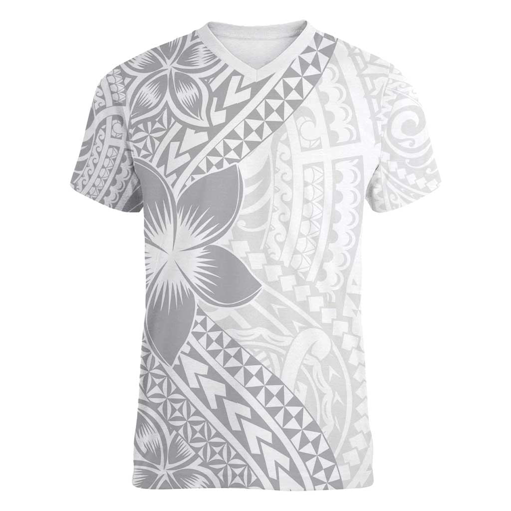 Lotu Tamaiti White Sunday Women V-Neck T-Shirt Pacific Plumeria Flowers - White Version