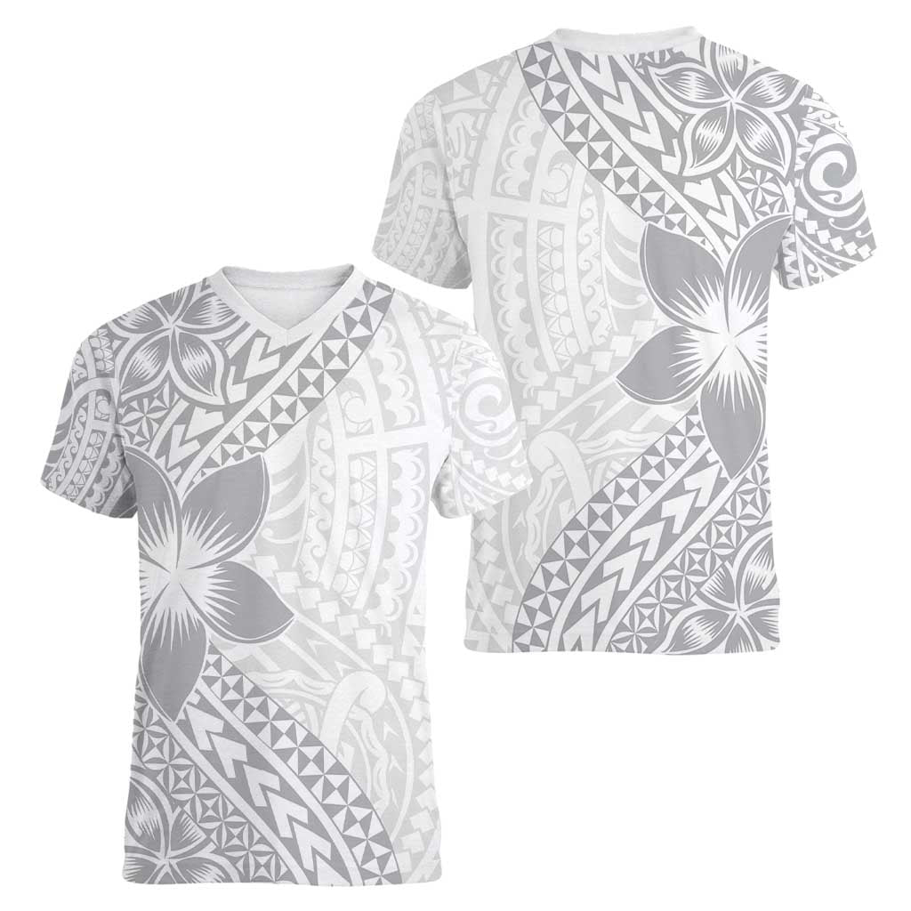 Lotu Tamaiti White Sunday Women V-Neck T-Shirt Pacific Plumeria Flowers - White Version