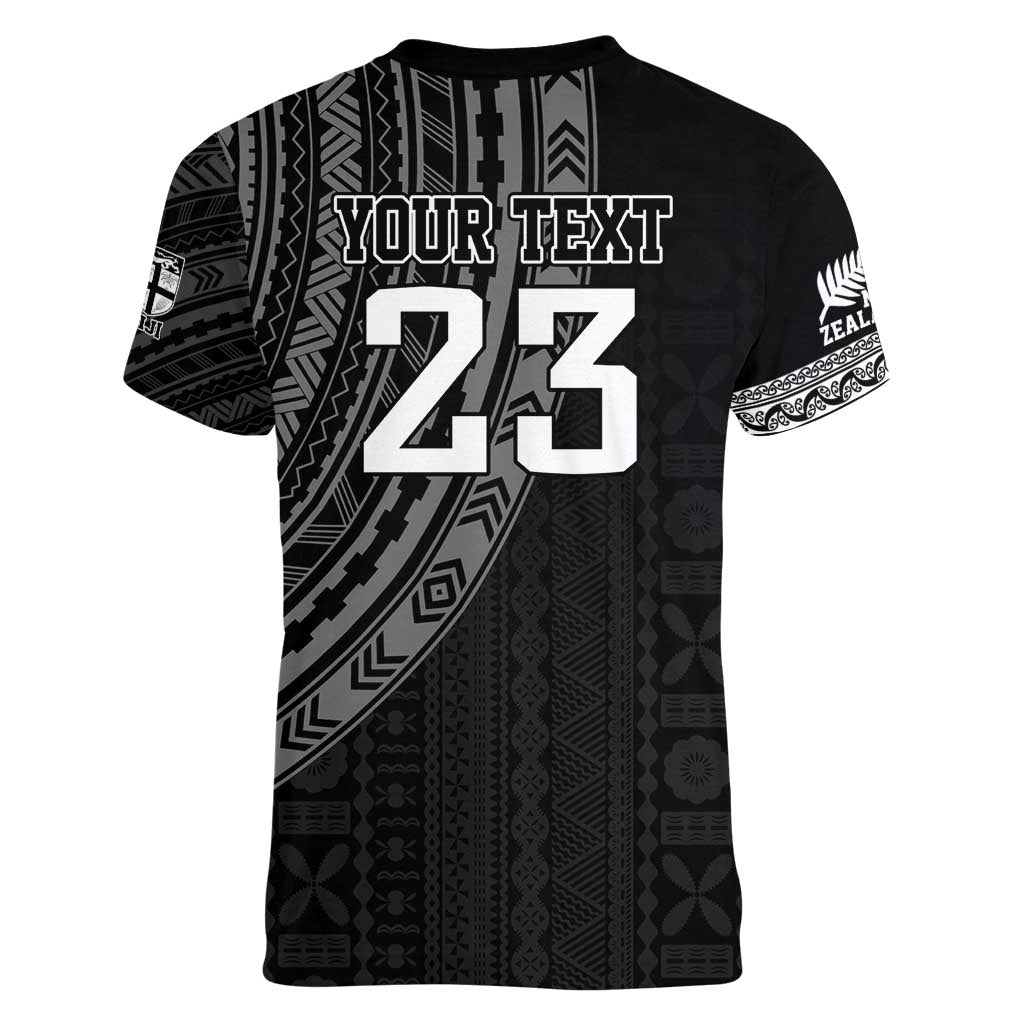 Custom Fiji New Zealand Rugby Women V-Neck T-Shirt Make History Together