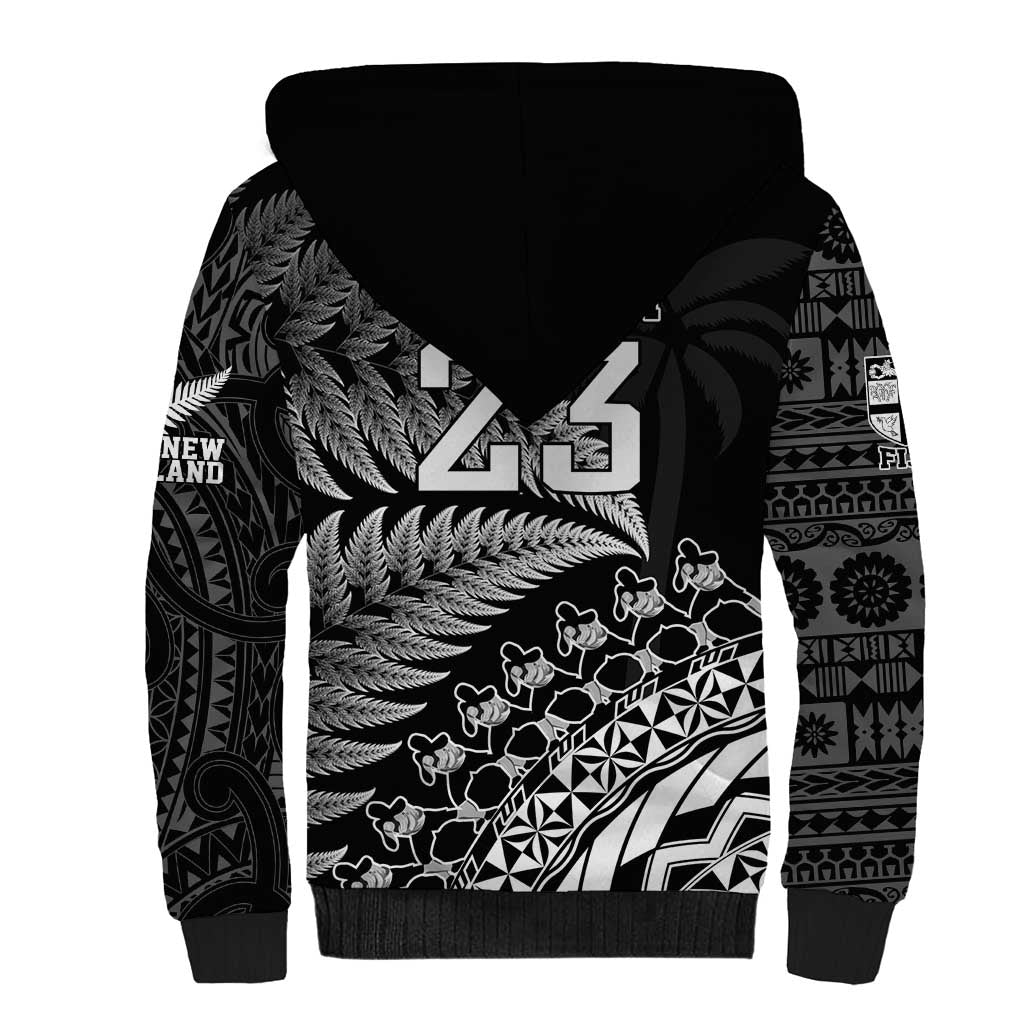 Custom Fiji New Zealand Rugby Sherpa Hoodie Cibi Dance with Black Fern
