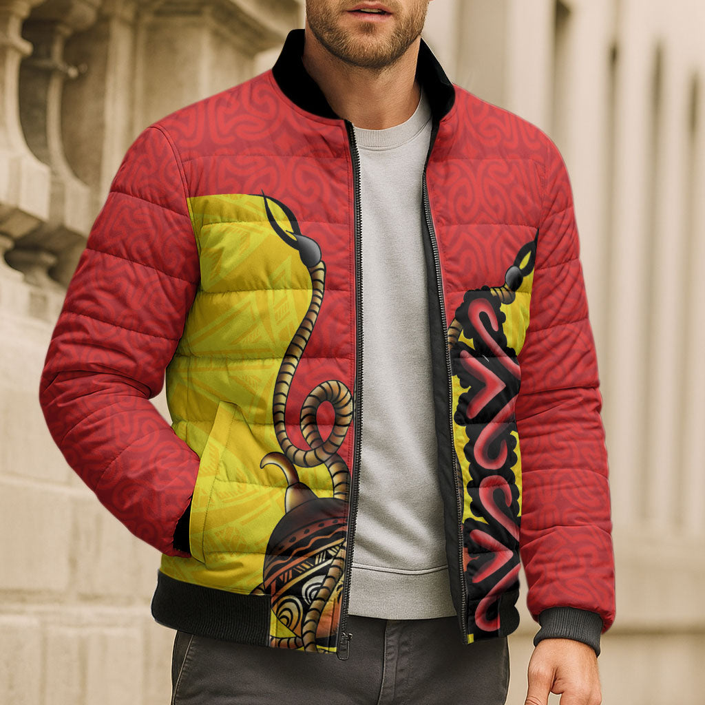 Personalised Papua New Guinea Oro Necklace Bomber Puffer Jacket Gold Melanesia Traditional Pattern