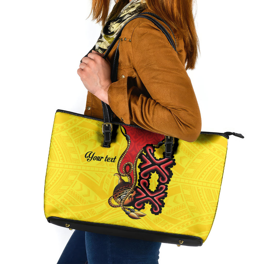 Personalised Papua New Guinea Oro Necklace Leather Tote Bag Gold Melanesia Traditional Pattern