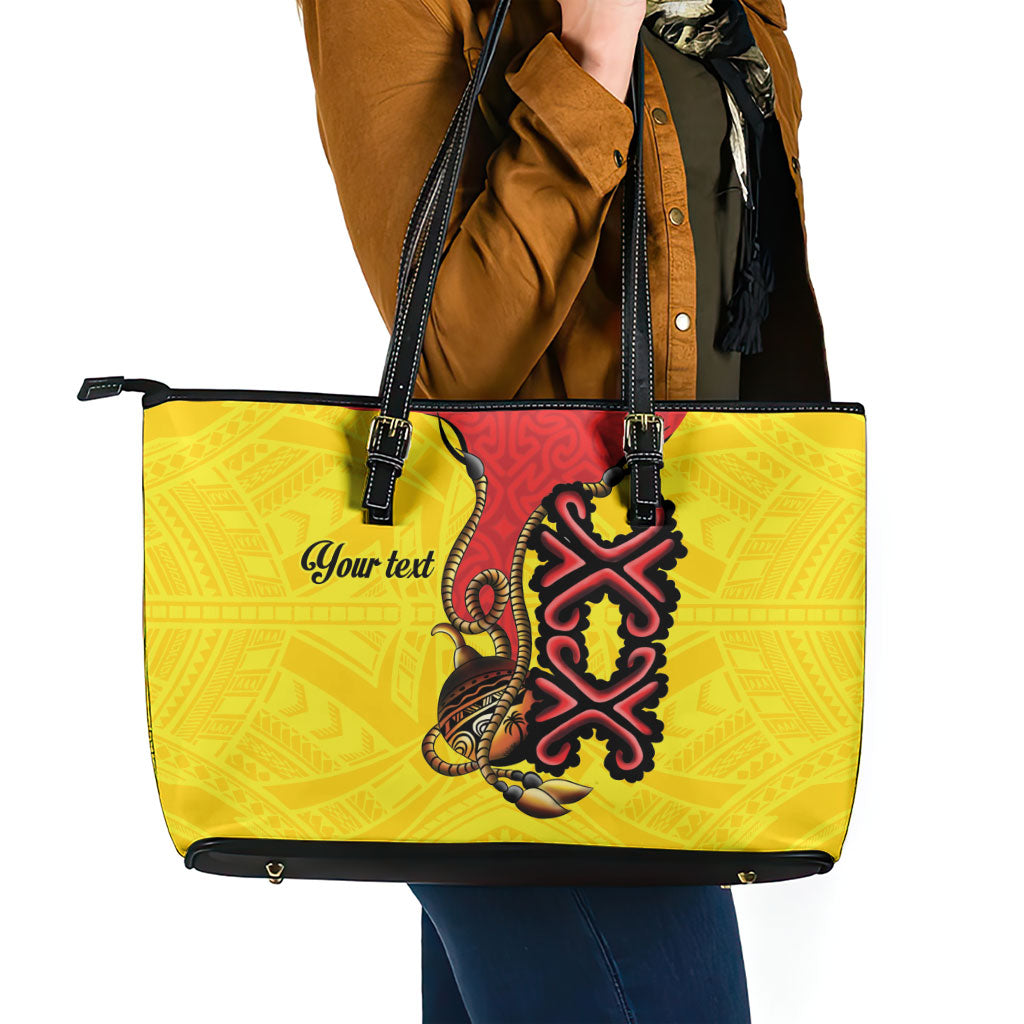 Personalised Papua New Guinea Oro Necklace Leather Tote Bag Gold Melanesia Traditional Pattern