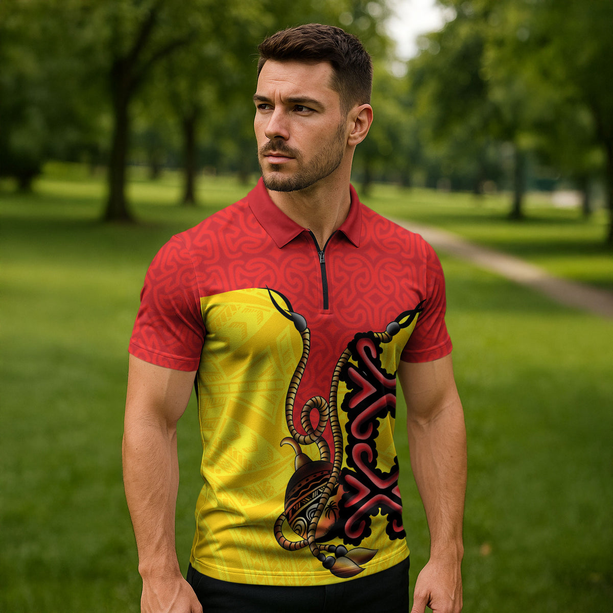 Personalised Papua New Guinea Oro Necklace Zipper Polo Shirt Gold Melanesia Traditional Pattern