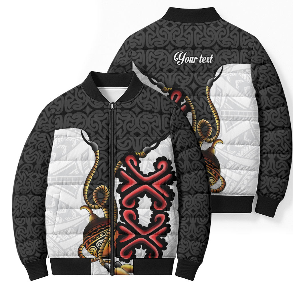 Personalised Papua New Guinea Oro Necklace Bomber Puffer Jacket Black Melanesia Traditional Pattern