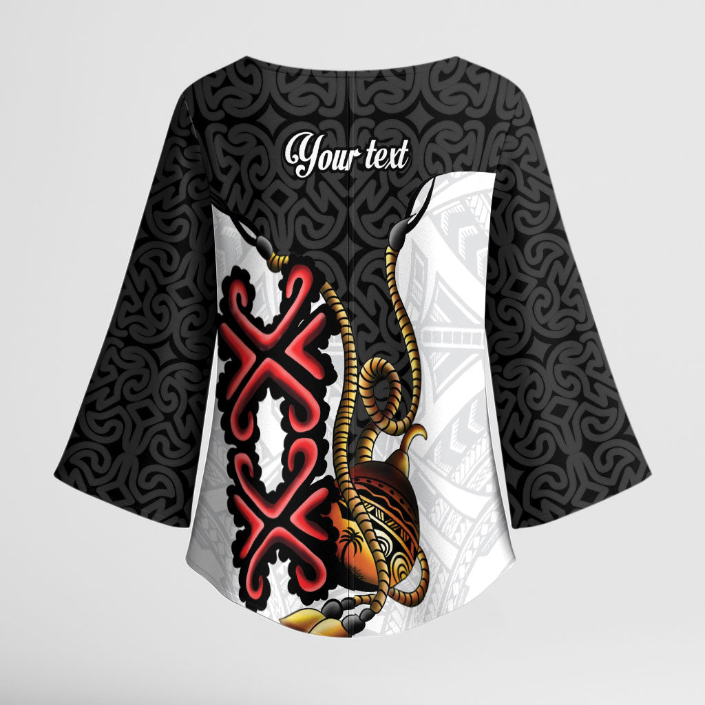 Personalised Papua New Guinea Oro Necklace Kimono Sleeve Blouse Black Melanesia Traditional Pattern