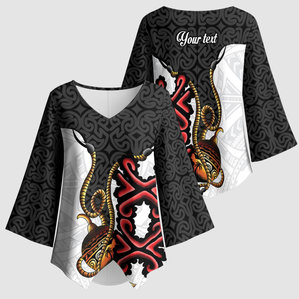 Personalised Papua New Guinea Oro Necklace Kimono Sleeve Blouse Black Melanesia Traditional Pattern