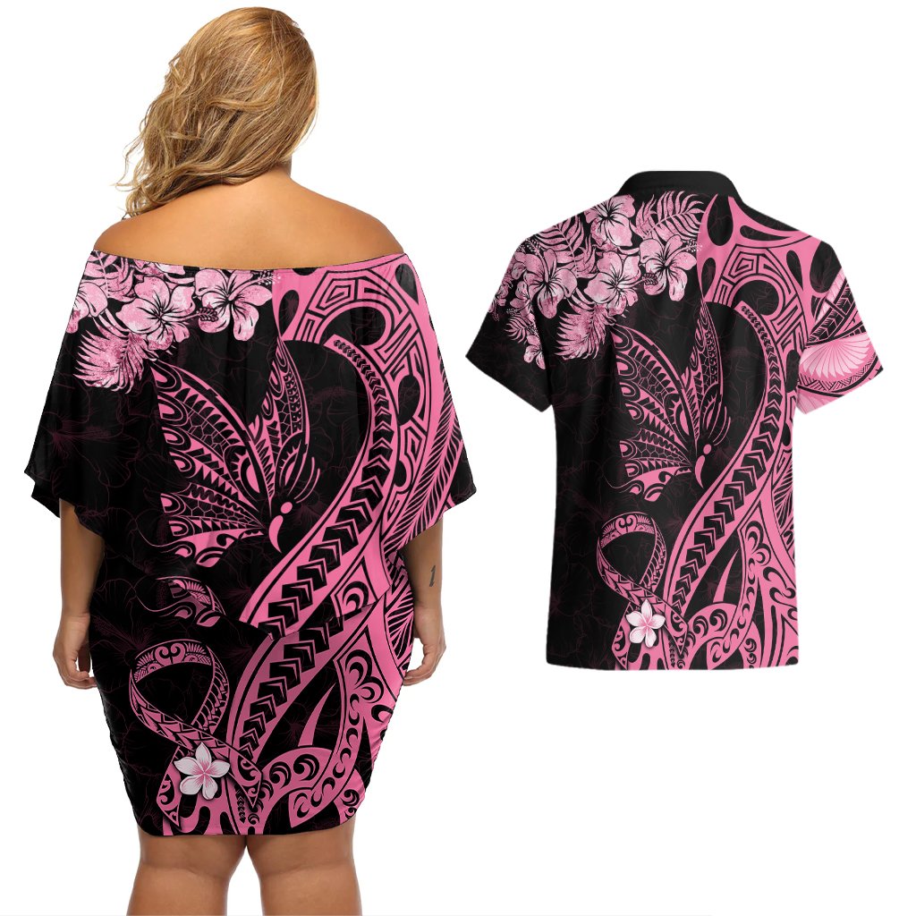 Polynesian Floral Butterfly Couples Matching Off Shoulder Short Dress and Hawaiian Shirt Breast Cancer Pink Ribbon LT9 - Polynesian Pride