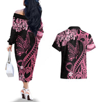 Polynesian Floral Butterfly Couples Matching Off The Shoulder Long Sleeve Dress and Hawaiian Shirt Breast Cancer Pink Ribbon LT9 - Polynesian Pride