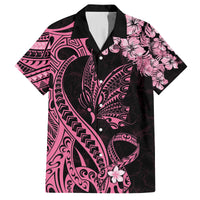 Polynesian Floral Butterfly Family Matching Long Sleeve Bodycon Dress and Hawaiian Shirt Breast Cancer Pink Ribbon LT9 Dad's Shirt - Short Sleeve Pink - Polynesian Pride