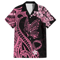 Polynesian Floral Butterfly Family Matching Off Shoulder Maxi Dress and Hawaiian Shirt Breast Cancer Pink Ribbon LT9 Dad's Shirt - Short Sleeve Pink - Polynesian Pride