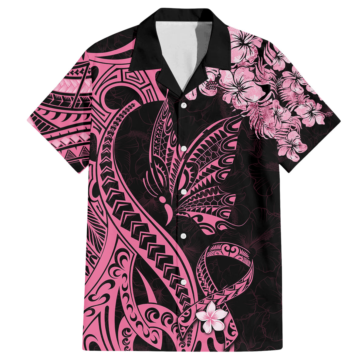 Polynesian Floral Butterfly Family Matching Off Shoulder Short Dress and Hawaiian Shirt Breast Cancer Pink Ribbon LT9 Dad's Shirt - Short Sleeve Pink - Polynesian Pride
