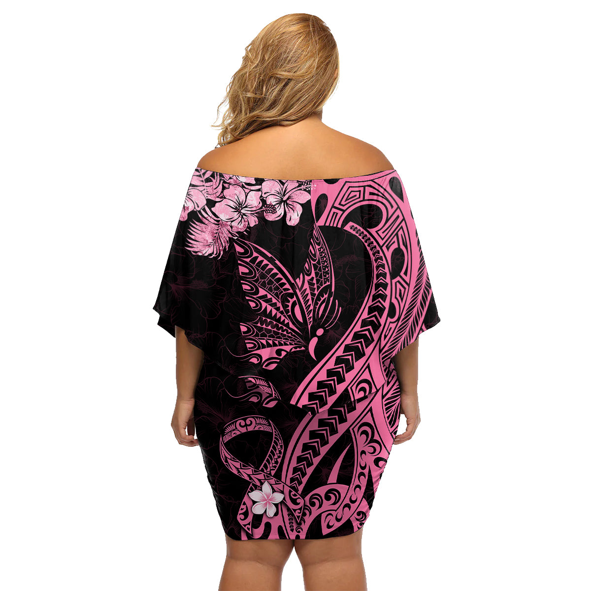 Polynesian Floral Butterfly Family Matching Off Shoulder Short Dress and Hawaiian Shirt Breast Cancer Pink Ribbon LT9 - Polynesian Pride