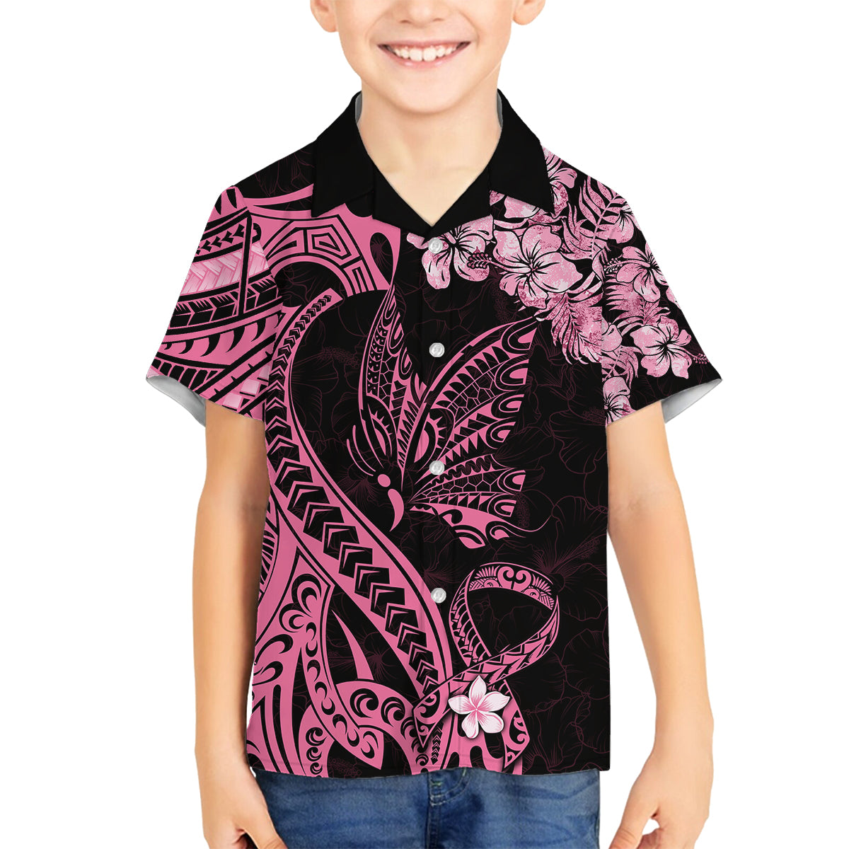 Polynesian Floral Butterfly Family Matching Tank Maxi Dress and Hawaiian Shirt Breast Cancer Pink Ribbon LT9 Son's Shirt Pink - Polynesian Pride