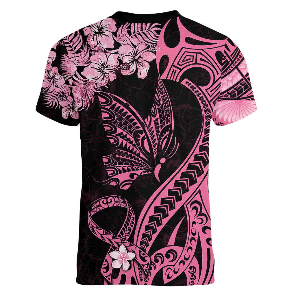Polynesian Floral Butterfly Women V Neck T Shirt Breast Cancer Pink Ribbon LT9 - Polynesian Pride