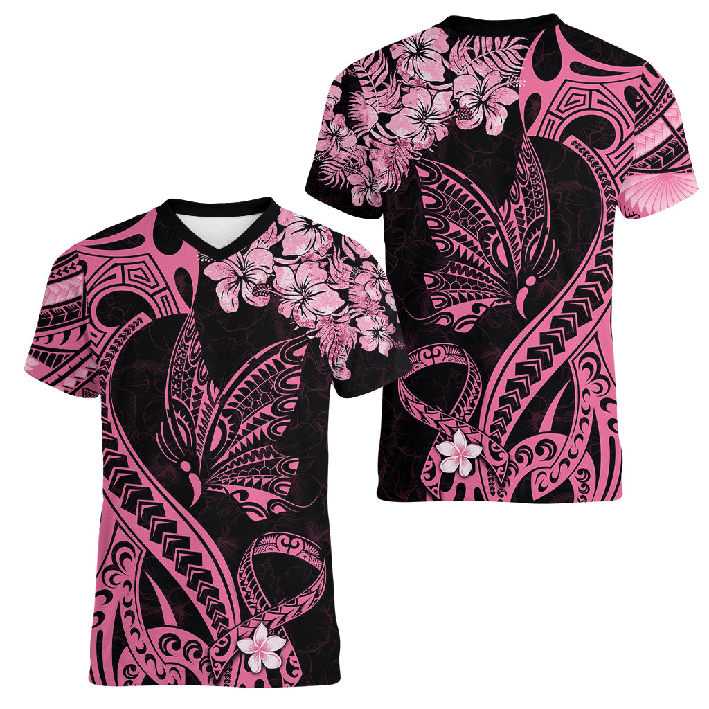 Polynesian Floral Butterfly Women V Neck T Shirt Breast Cancer Pink Ribbon LT9 - Polynesian Pride