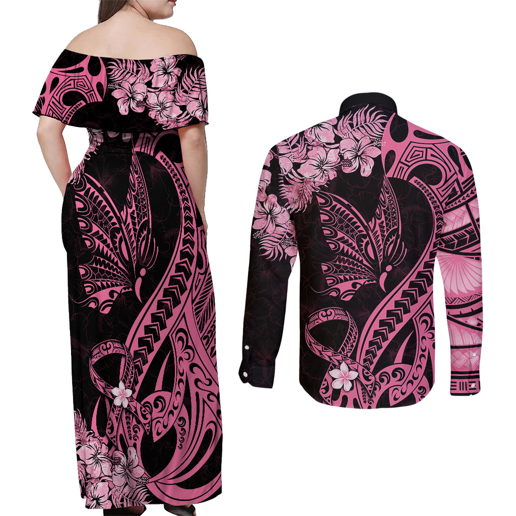 Personalised Polynesian Floral Butterfly Couples Matching Off Shoulder Maxi Dress and Long Sleeve Button Shirts Breast Cancer Pink Ribbon LT9 - Polynesian Pride