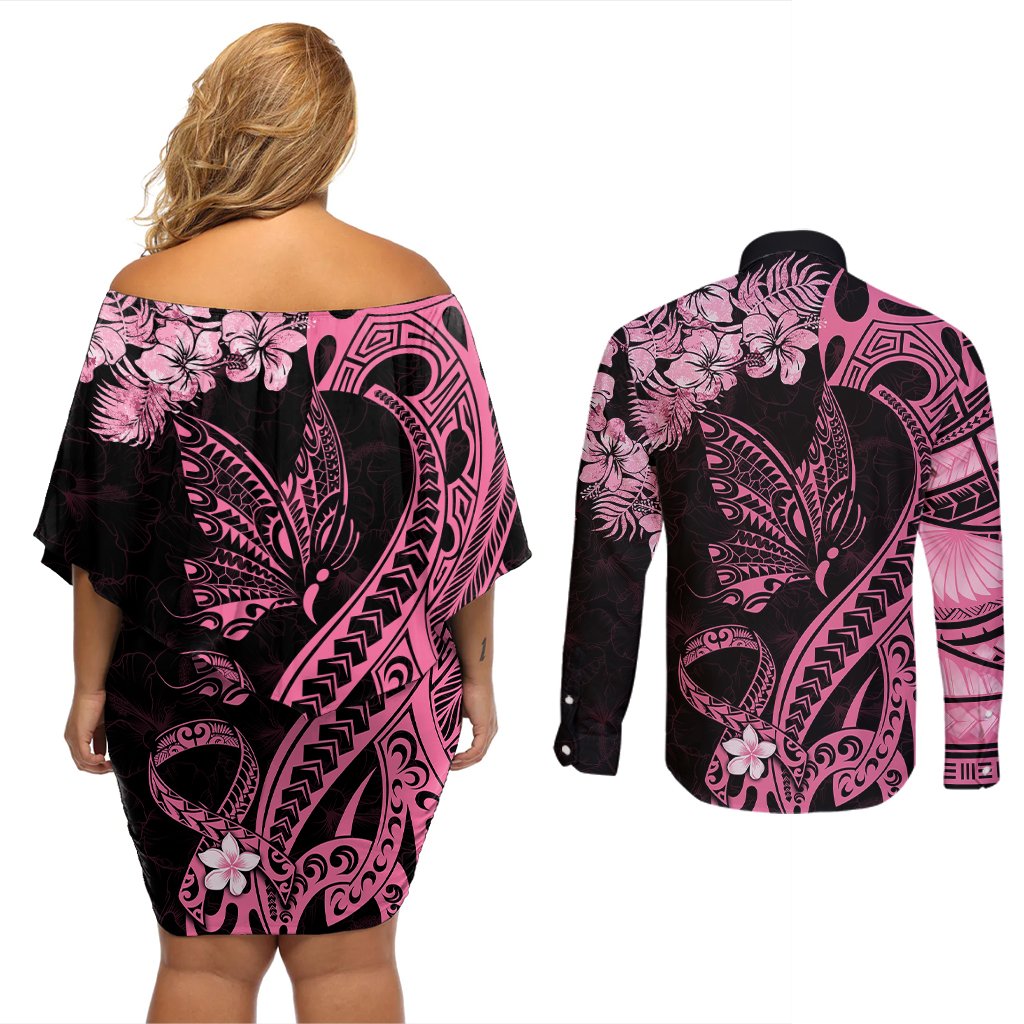 Personalised Polynesian Floral Butterfly Couples Matching Off Shoulder Short Dress and Long Sleeve Button Shirts Breast Cancer Pink Ribbon LT9 - Polynesian Pride