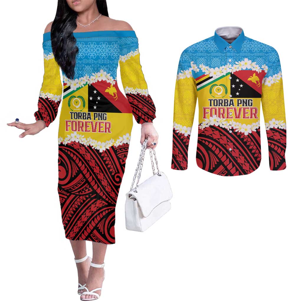 Personalised Torba PNG Forever Couples Matching Off The Shoulder Long Sleeve Dress and Long Sleeve Button Shirt Polynesian Sand Art - Polynesian Pride