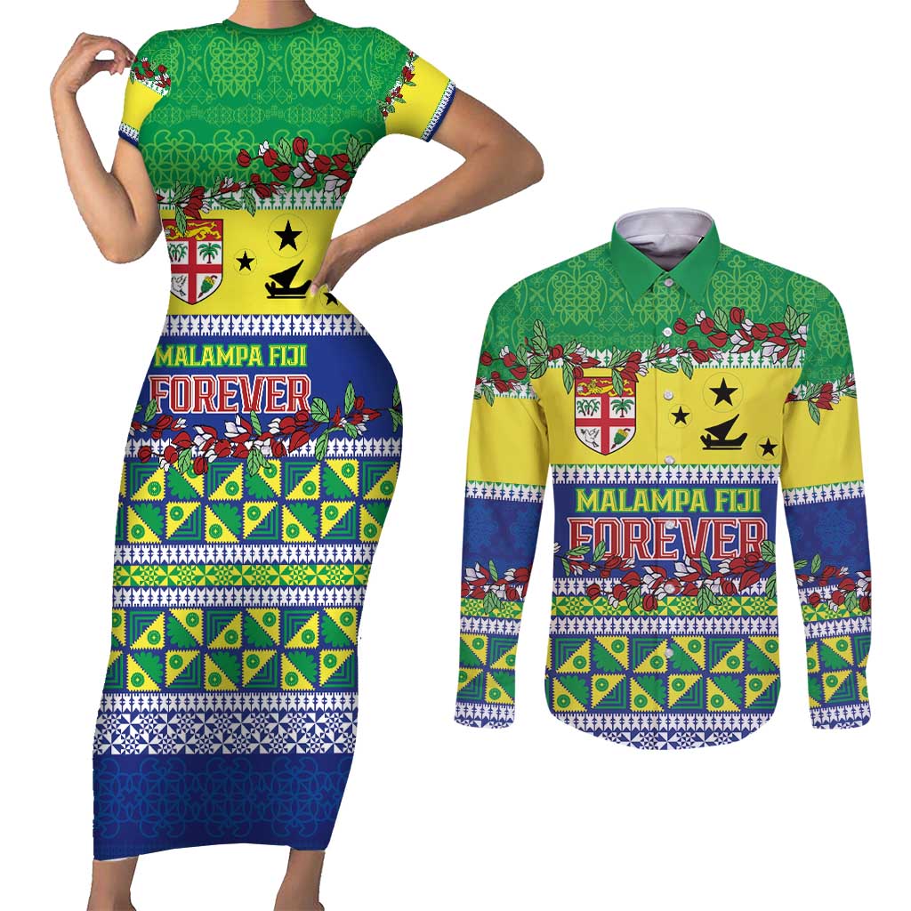 Personalised Malampa Fiji Forever Couples Matching Short Sleeve Bodycon Dress and Long Sleeve Button Shirt Tagimoucia Polynesian Sand Drawing - Polynesian Pride