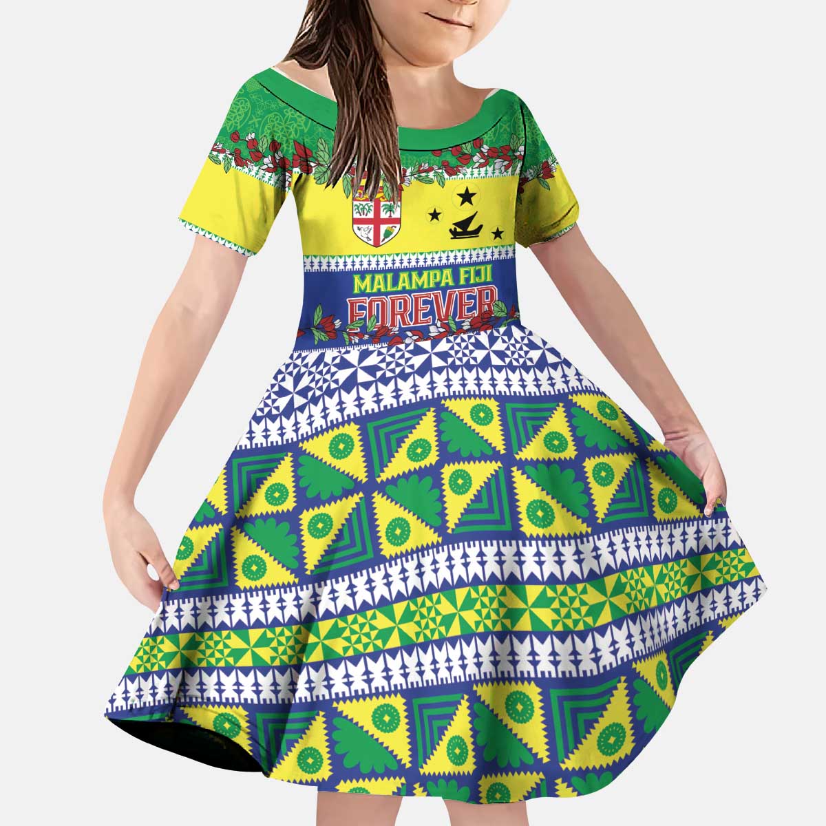 Personalised Malampa Fiji Forever Kid Short Sleeve Dress Tagimoucia Polynesian Sand Drawing - Polynesian Pride