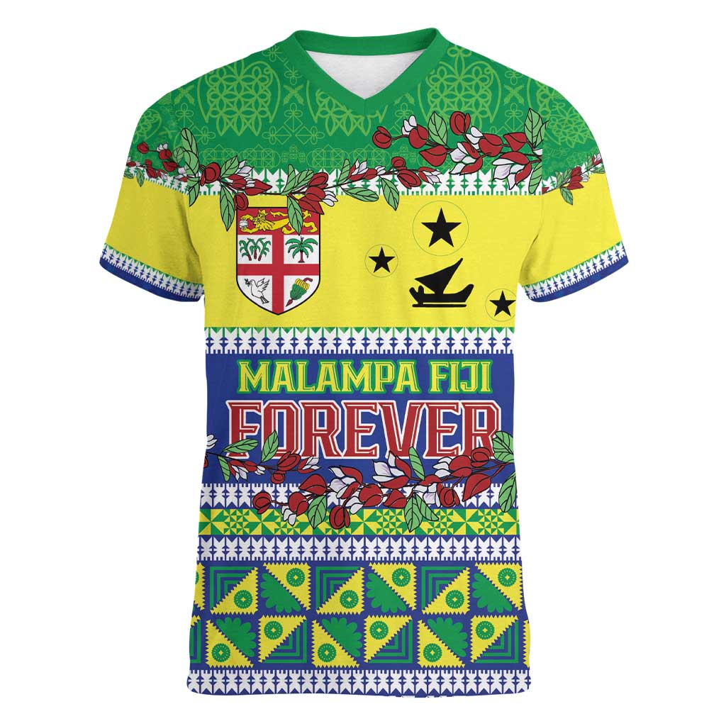 Personalised Malampa Fiji Forever Women V-Neck T-Shirt Tagimoucia Polynesian Sand Drawing - Polynesian Pride