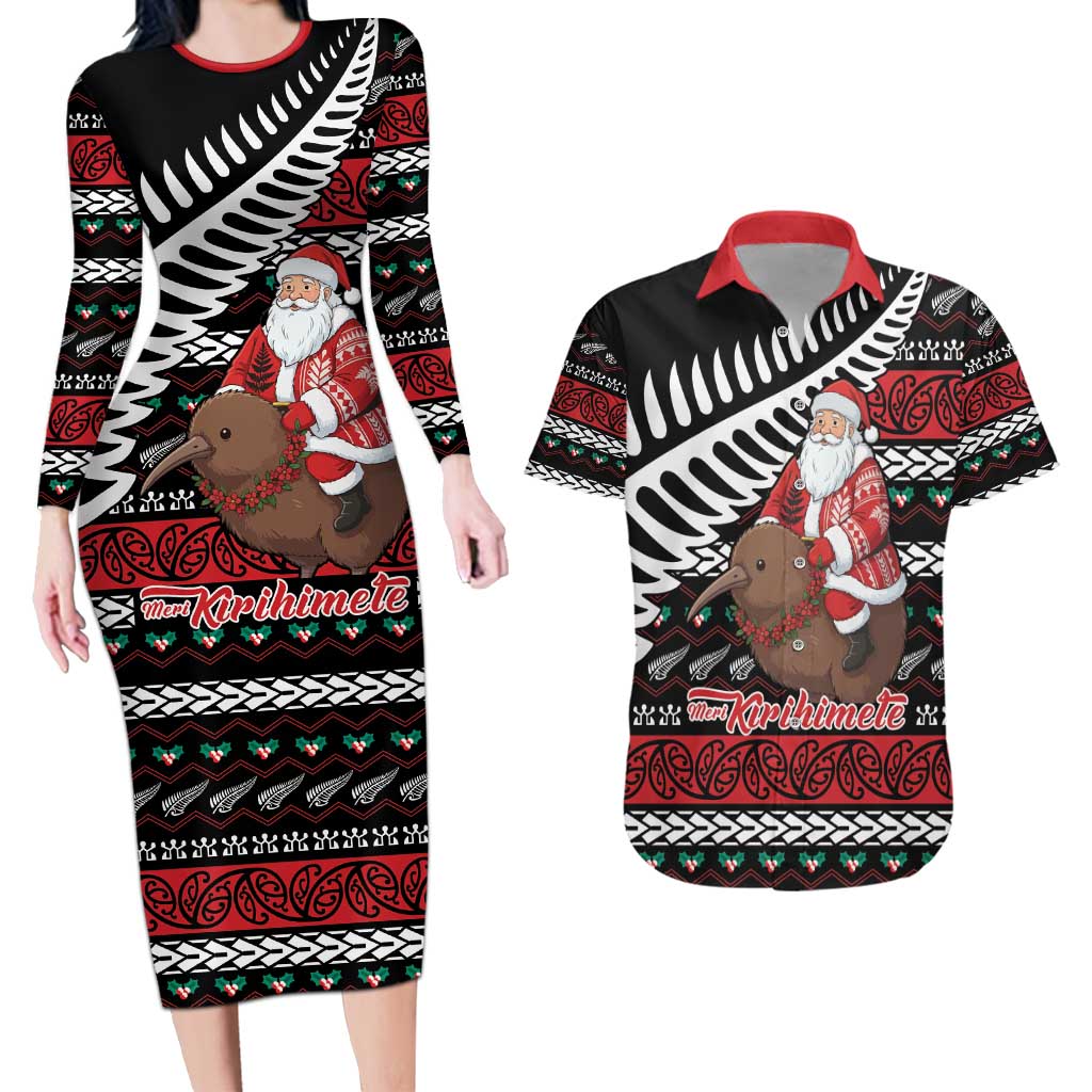 New Zealand Kiwi Santa Christmas Couples Matching Long Sleeve Bodycon Dress and Hawaiian Shirt He Wairua Kirihimete LT9 Black - Polynesian Pride