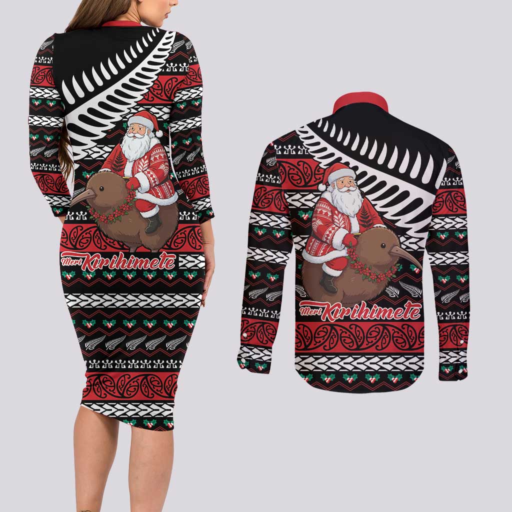 New Zealand Kiwi Santa Christmas Couples Matching Long Sleeve Bodycon Dress and Long Sleeve Button Shirt He Wairua Kirihimete LT9 - Polynesian Pride