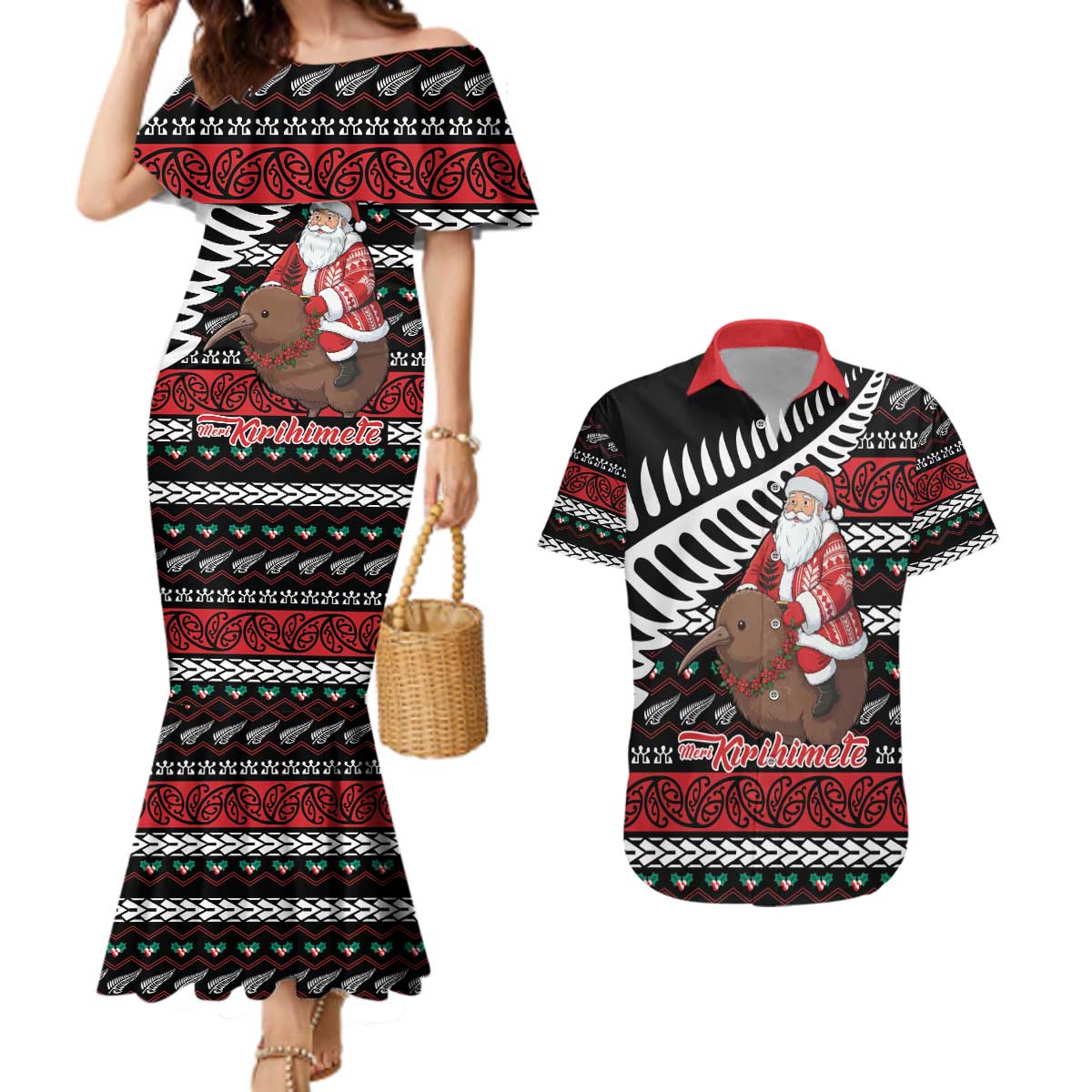 New Zealand Kiwi Santa Christmas Couples Matching Mermaid Dress and Hawaiian Shirt He Wairua Kirihimete LT9 Black - Polynesian Pride