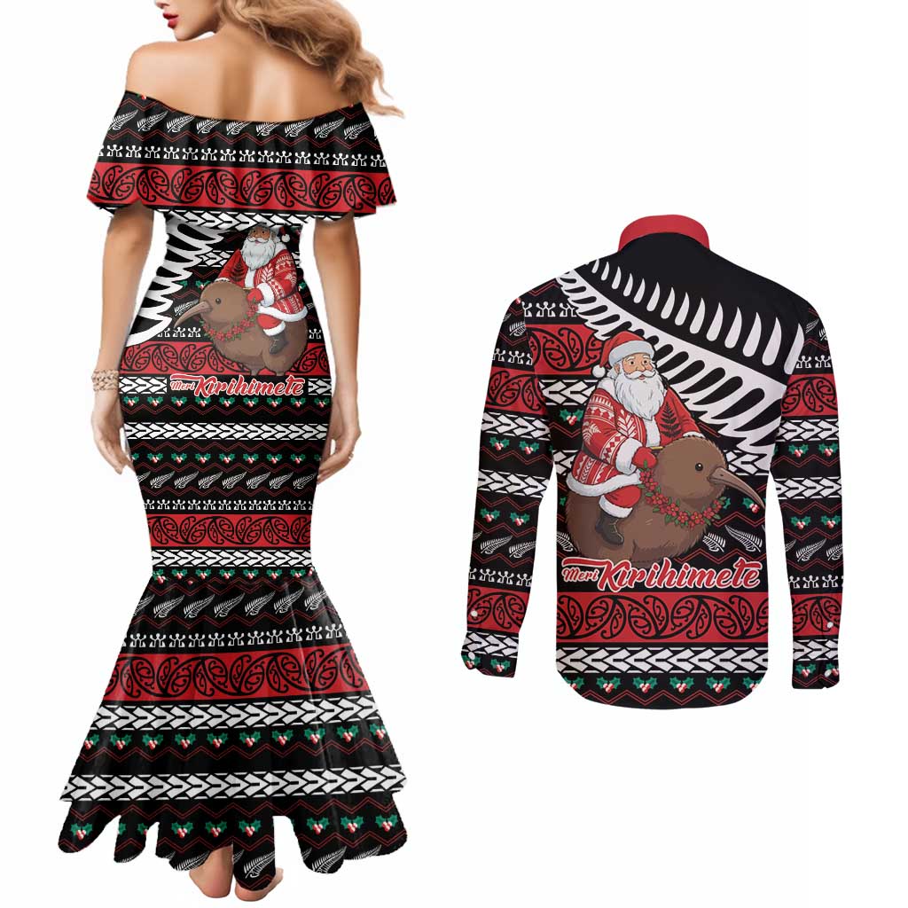 New Zealand Kiwi Santa Christmas Couples Matching Mermaid Dress and Long Sleeve Button Shirt He Wairua Kirihimete LT9 - Polynesian Pride
