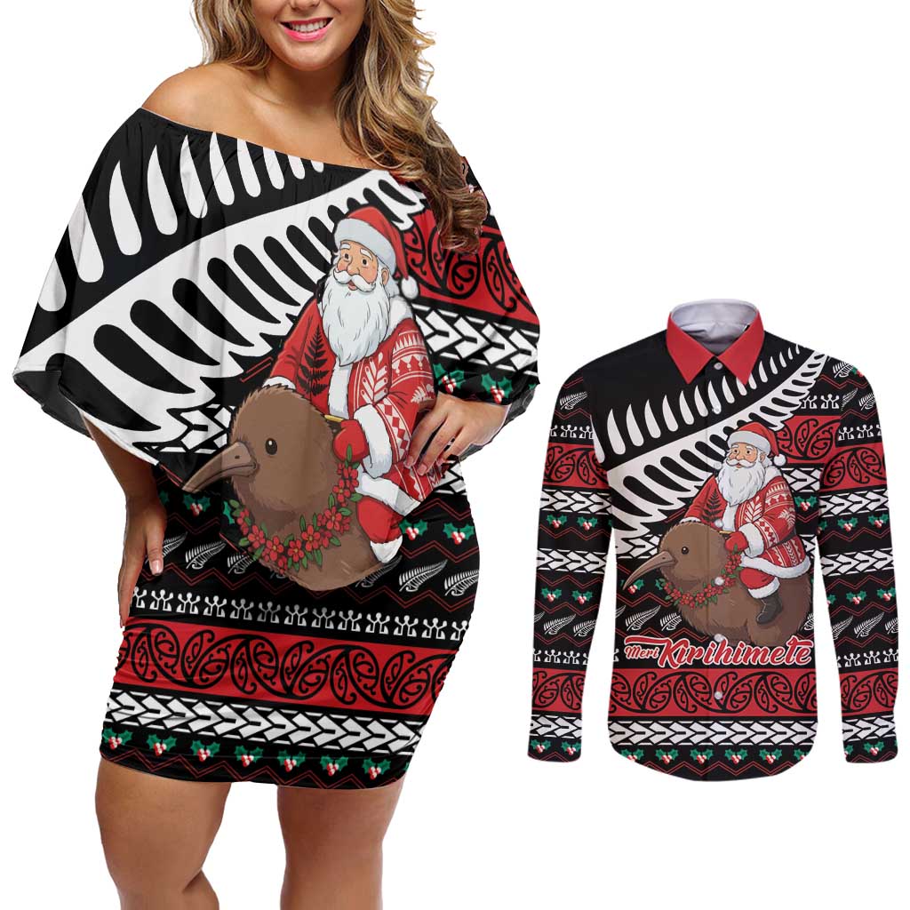 New Zealand Kiwi Santa Christmas Couples Matching Off Shoulder Short Dress and Long Sleeve Button Shirt He Wairua Kirihimete LT9 Black - Polynesian Pride