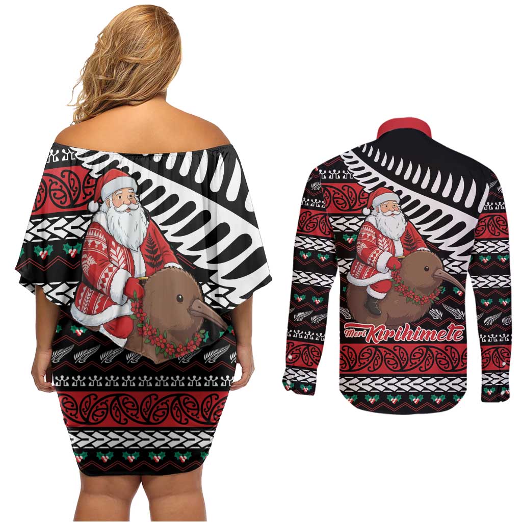 New Zealand Kiwi Santa Christmas Couples Matching Off Shoulder Short Dress and Long Sleeve Button Shirt He Wairua Kirihimete LT9 - Polynesian Pride