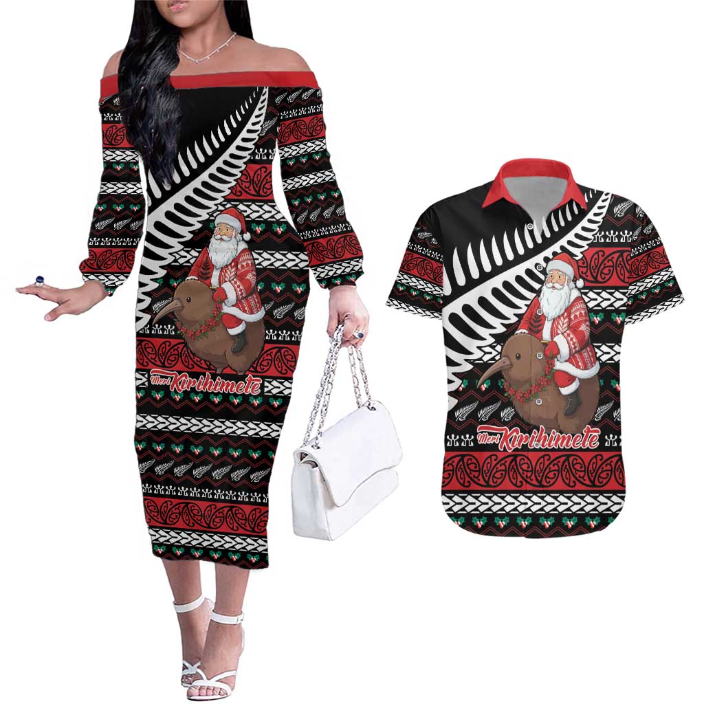 New Zealand Kiwi Santa Christmas Couples Matching Off The Shoulder Long Sleeve Dress and Hawaiian Shirt He Wairua Kirihimete LT9 Black - Polynesian Pride