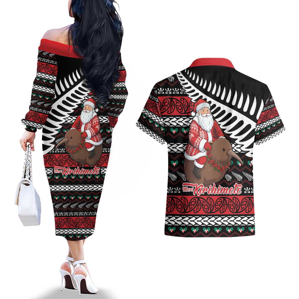New Zealand Kiwi Santa Christmas Couples Matching Off The Shoulder Long Sleeve Dress and Hawaiian Shirt He Wairua Kirihimete LT9 - Polynesian Pride