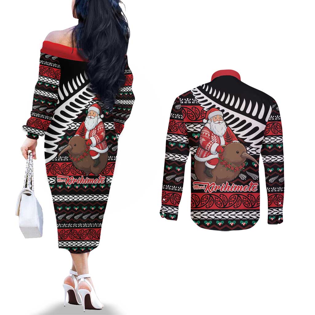 New Zealand Kiwi Santa Christmas Couples Matching Off The Shoulder Long Sleeve Dress and Long Sleeve Button Shirt He Wairua Kirihimete LT9 - Polynesian Pride