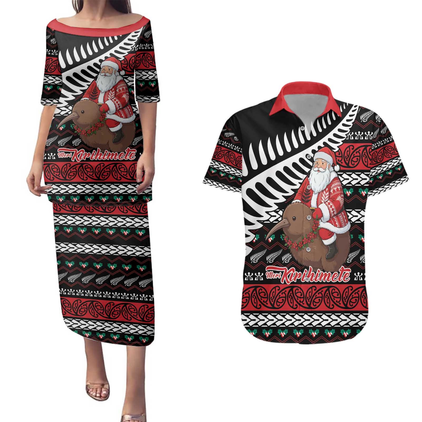 New Zealand Kiwi Santa Christmas Couples Matching Puletasi and Hawaiian Shirt He Wairua Kirihimete - Polynesian Pride